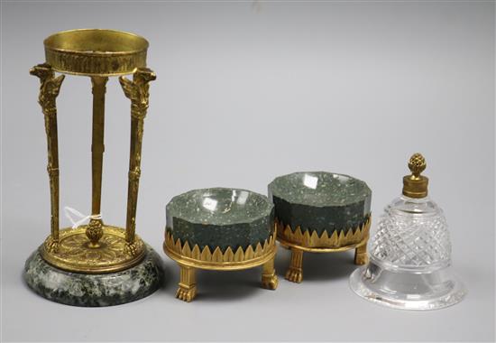 A pair of ormolu-mounted granite salts and a similar centrepiece with sphinx terminals and cut glass receiver